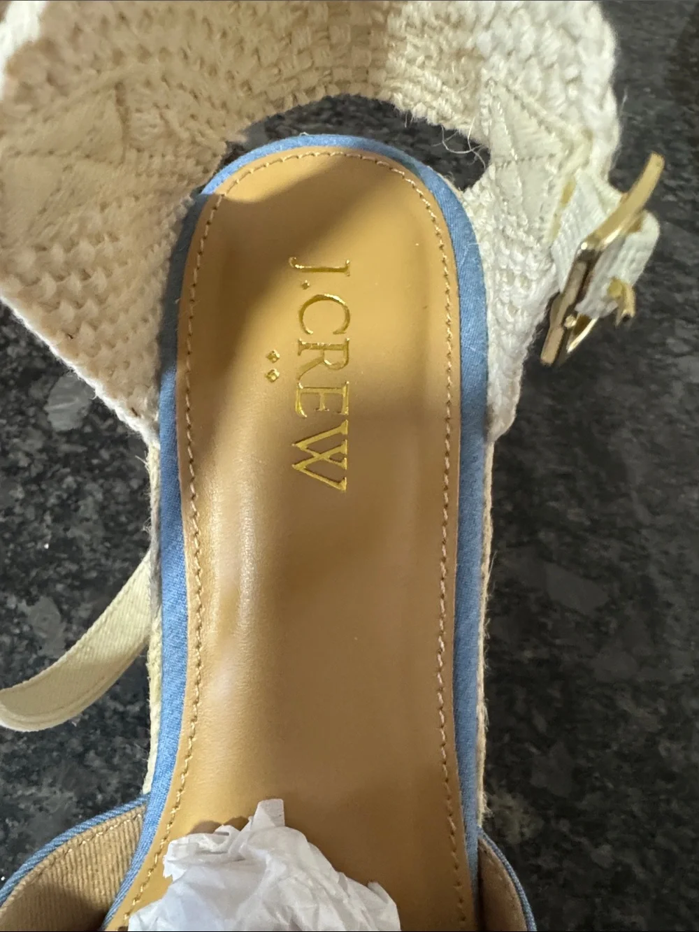 New in box J. Crew Blue Espadrille Wedge Sandals with Natural Jute Ankle Strap
